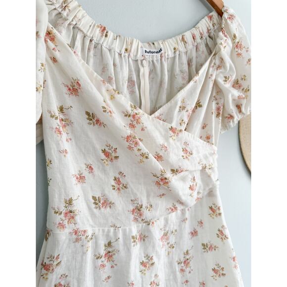 Reformation | Mildred Bowie Linen Dress Floral Off The Shoulder | Sz 6 - Picture 5 of 10